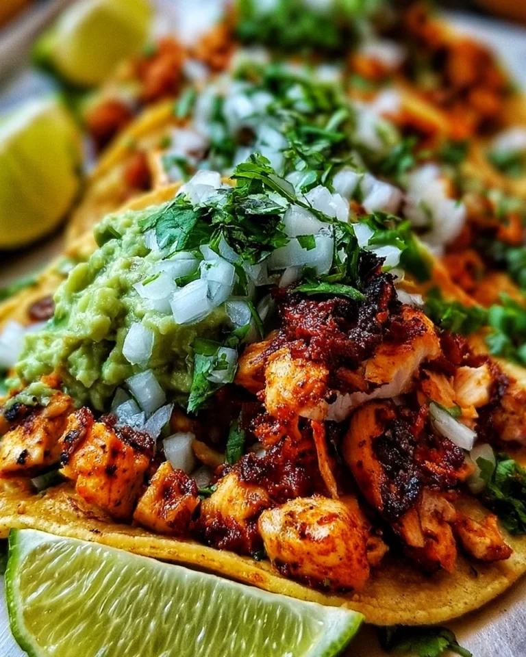 Delicious authentic chicken street tacos garnished with fresh toppings.