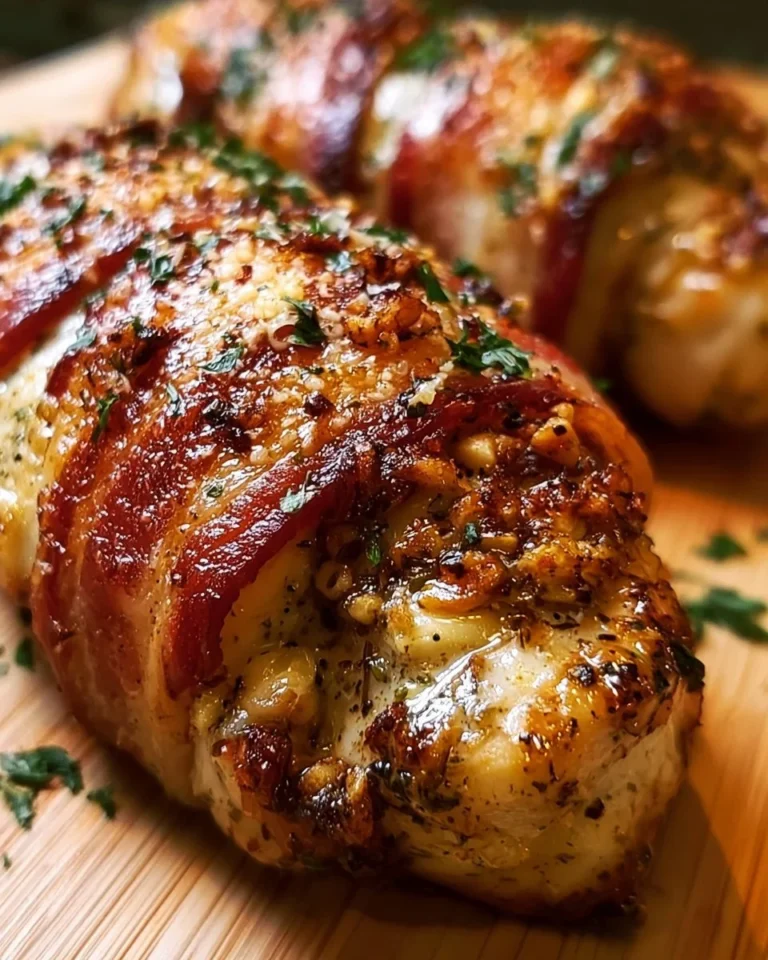 Bacon wrapped chicken breasts topped with garlic and parmesan cheese