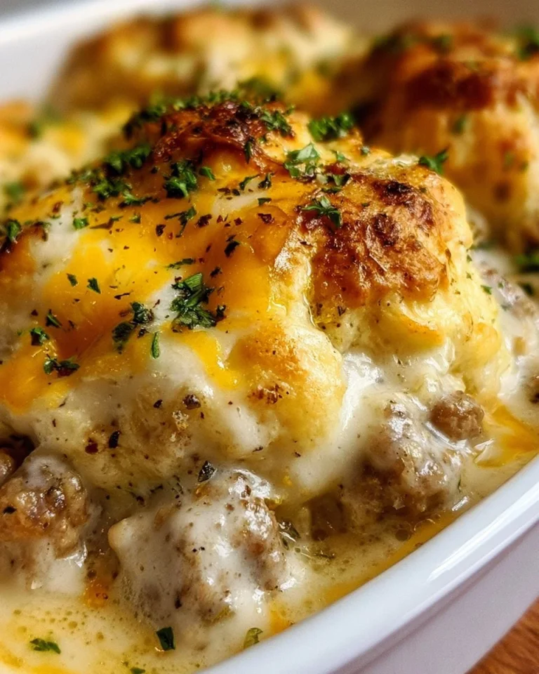 Delicious Biscuits and Gravy Casserole topped with creamy gravy and fluffy biscuits