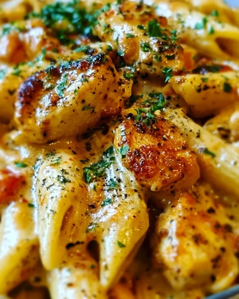 Creamy Cajun chicken pasta dish with vegetables and spices