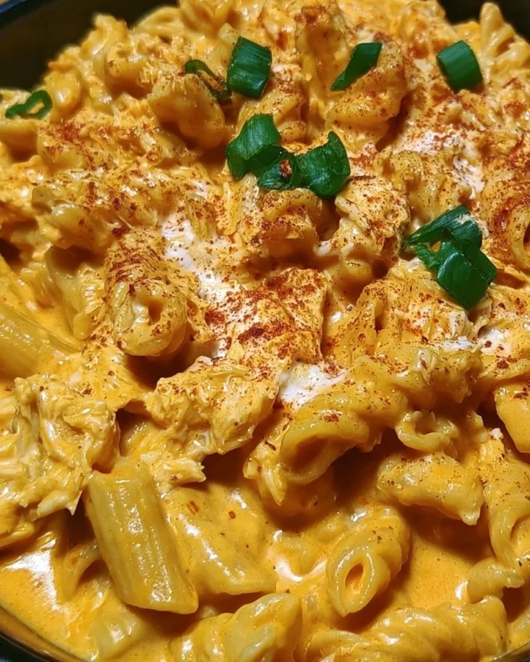 Creamy spicy buffalo chicken pasta garnished with herbs and cheese.