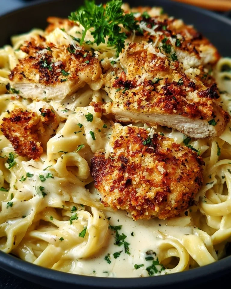 Crispy Chicken Fettuccine Alfredo garnished with parsley and served in a bowl