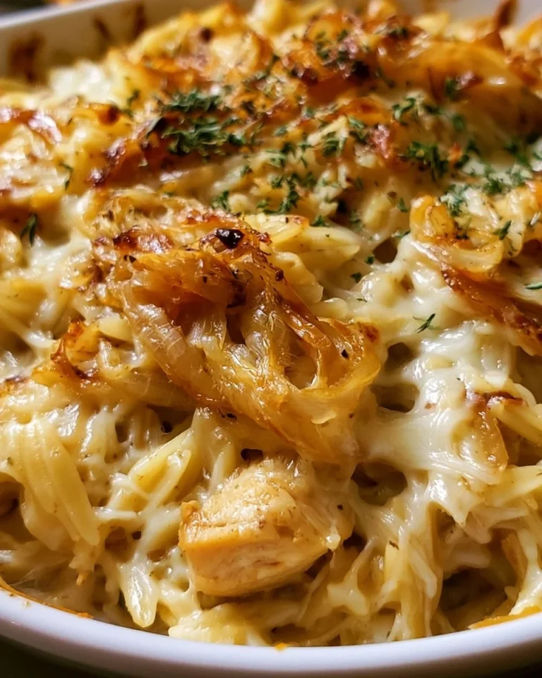 French Onion Chicken Orzo Casserole topped with cheese and herbs