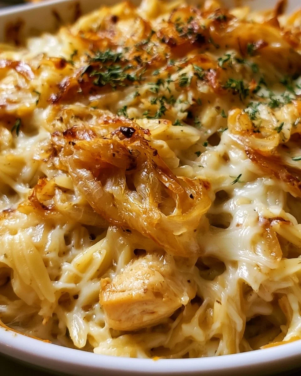 French Onion Chicken Orzo Casserole