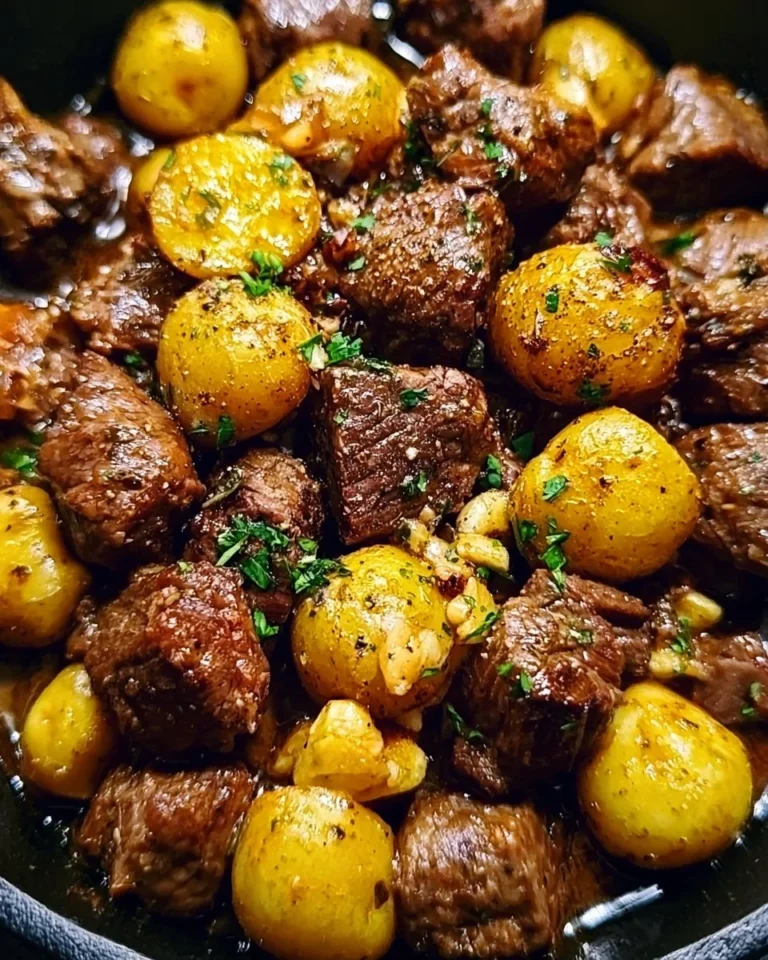 Garlic Butter Beef Bites served with tender potatoes on a plate