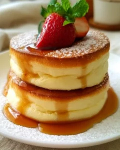Fluffy Japanese soufflé pancakes stacked and drizzled with syrup.