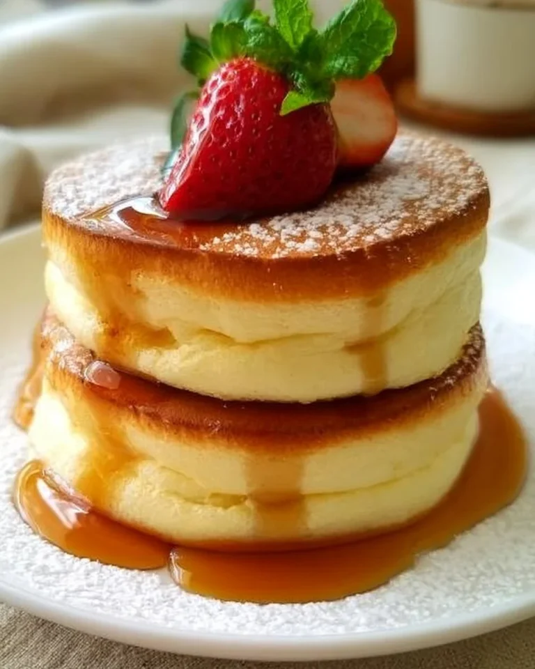 Fluffy Japanese soufflé pancakes stacked and drizzled with syrup.