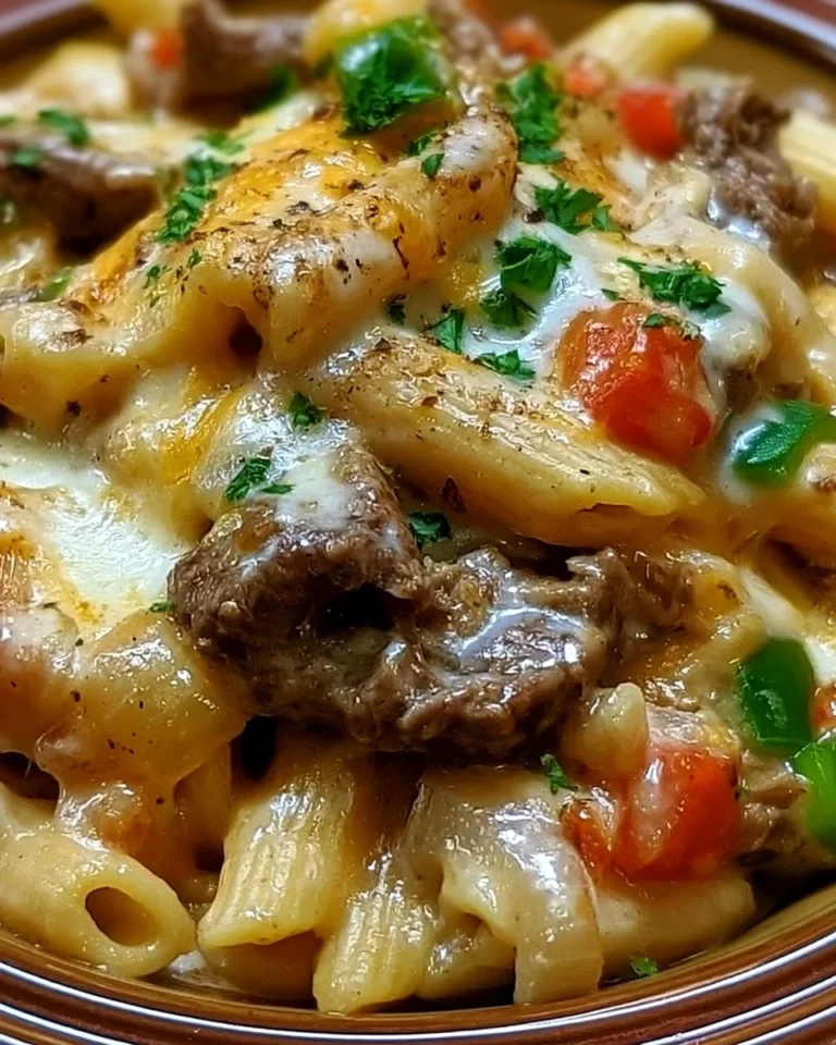 Delicious Philly cheese steak pasta served in a bowl with melted cheese and peppers