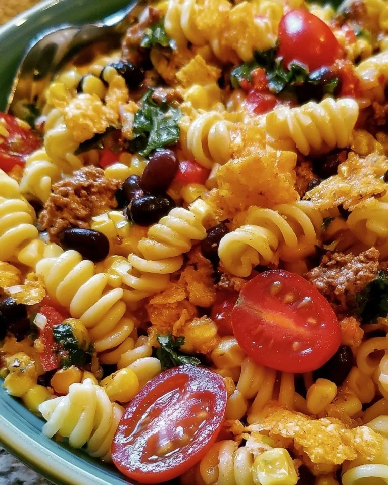A vibrant bowl of taco pasta salad with colorful ingredients and toppings.