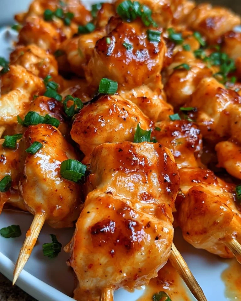 Air Fryer Bang Bang Chicken Skewers served on a plate with dipping sauce
