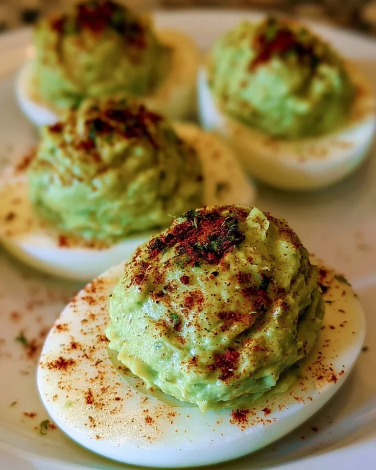 Delicious avocado deviled eggs topped with spices and herbs