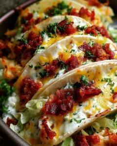 Baked chicken bacon ranch tacos topped with cheese and fresh ingredients.