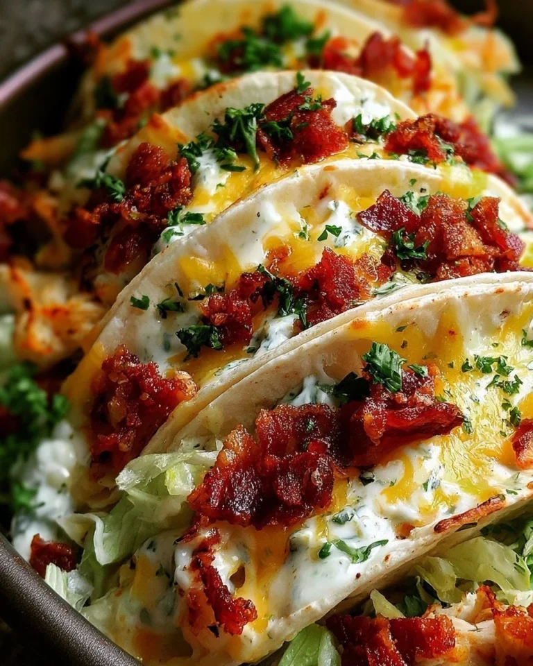 Baked chicken bacon ranch tacos topped with cheese and fresh ingredients.