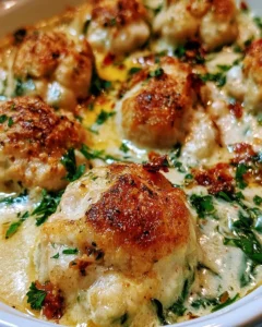 Baked chicken ricotta meatballs served with spinach Alfredo sauce