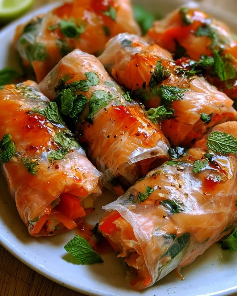 Baked salmon spring rolls served with spicy dipping sauce on a plate