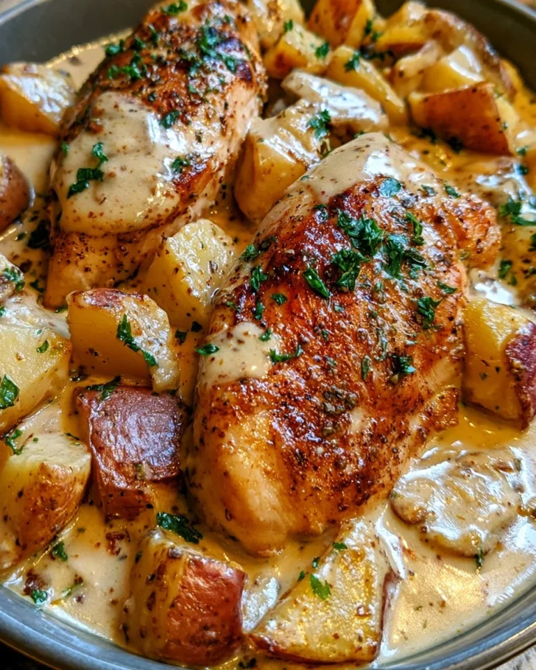 Chicken and Potatoes in creamy Dijon sauce served on a plate
