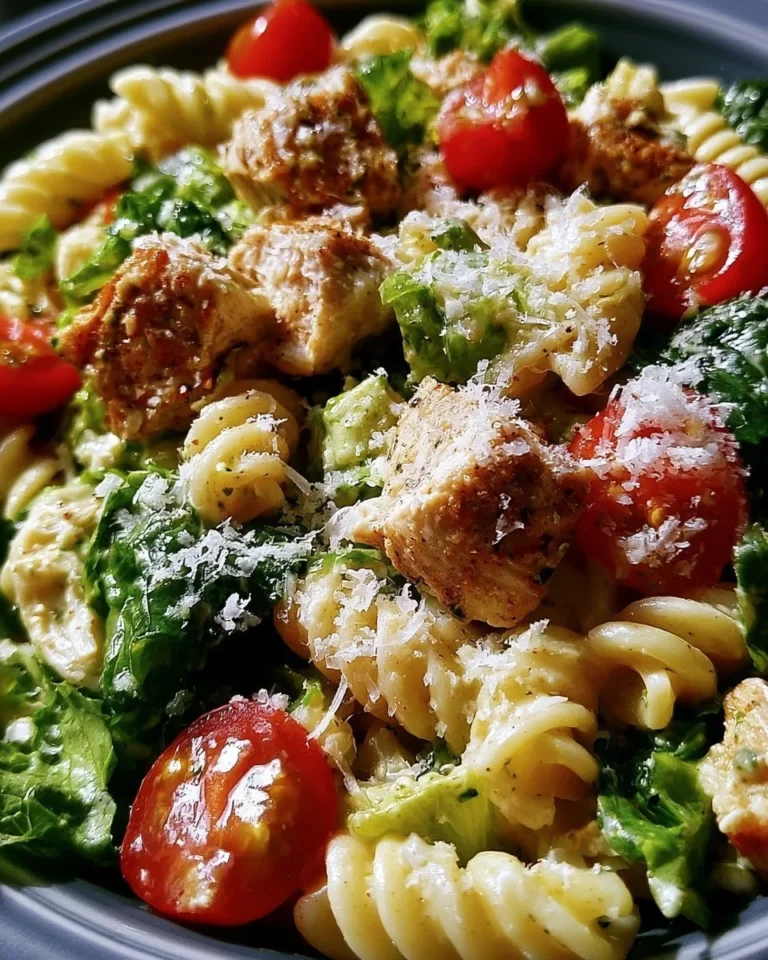 A colorful bowl of Chicken Caesar Pasta Salad with grilled chicken, romaine, and Caesar dressing.