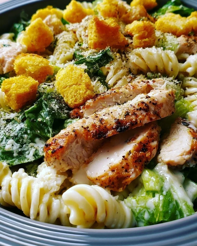 Bowl of Chicken Caesar Pasta Salad with fresh ingredients