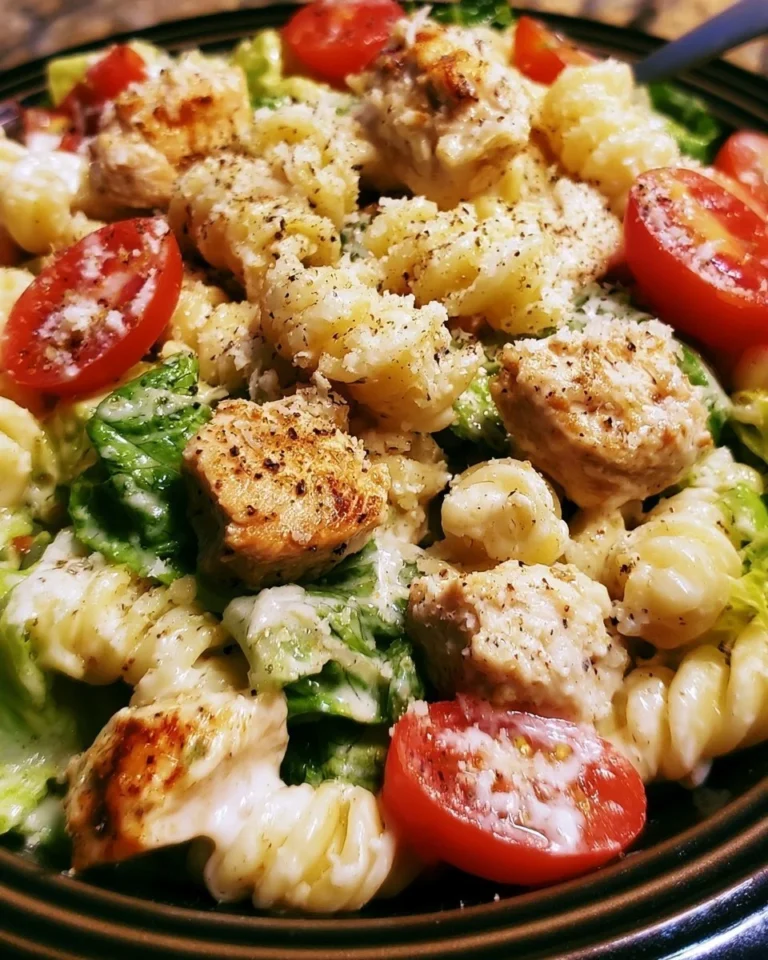 Delicious Chicken Caesar Pasta Salad with grilled chicken and romaine lettuce