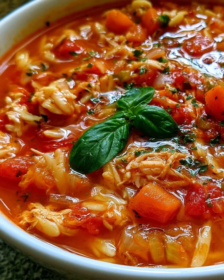 Bowl of Chicken Orzo Tomato Soup garnished with herbs