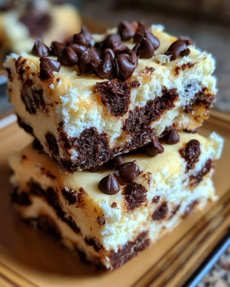 Chocolate chip cheesecake bars on a plate, sweet dessert treat