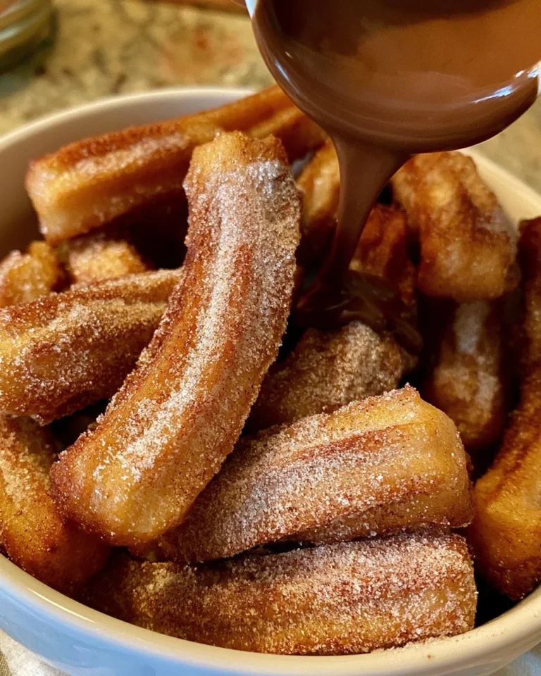 Golden, crispy churros dusted with sugar and served with chocolate sauce.