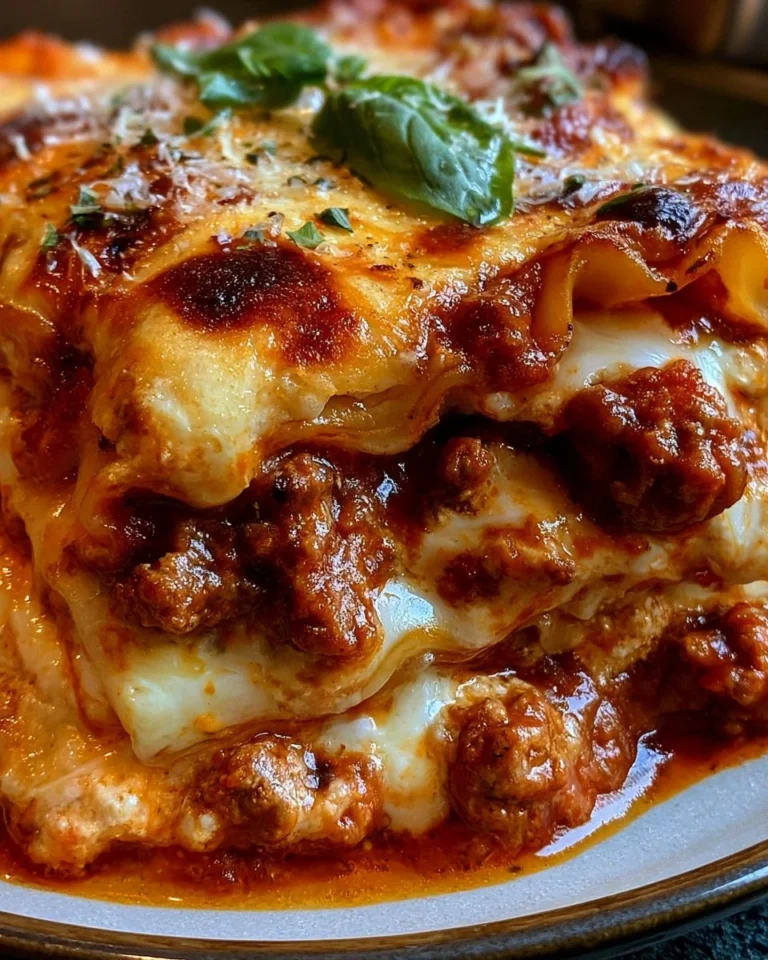 Delicious homemade lasagna with layers of cheese and sauce in a cozy kitchen setting.