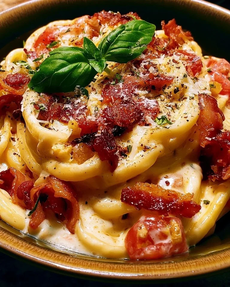 Creamy bacon pasta dish garnished with herbs on a plate.