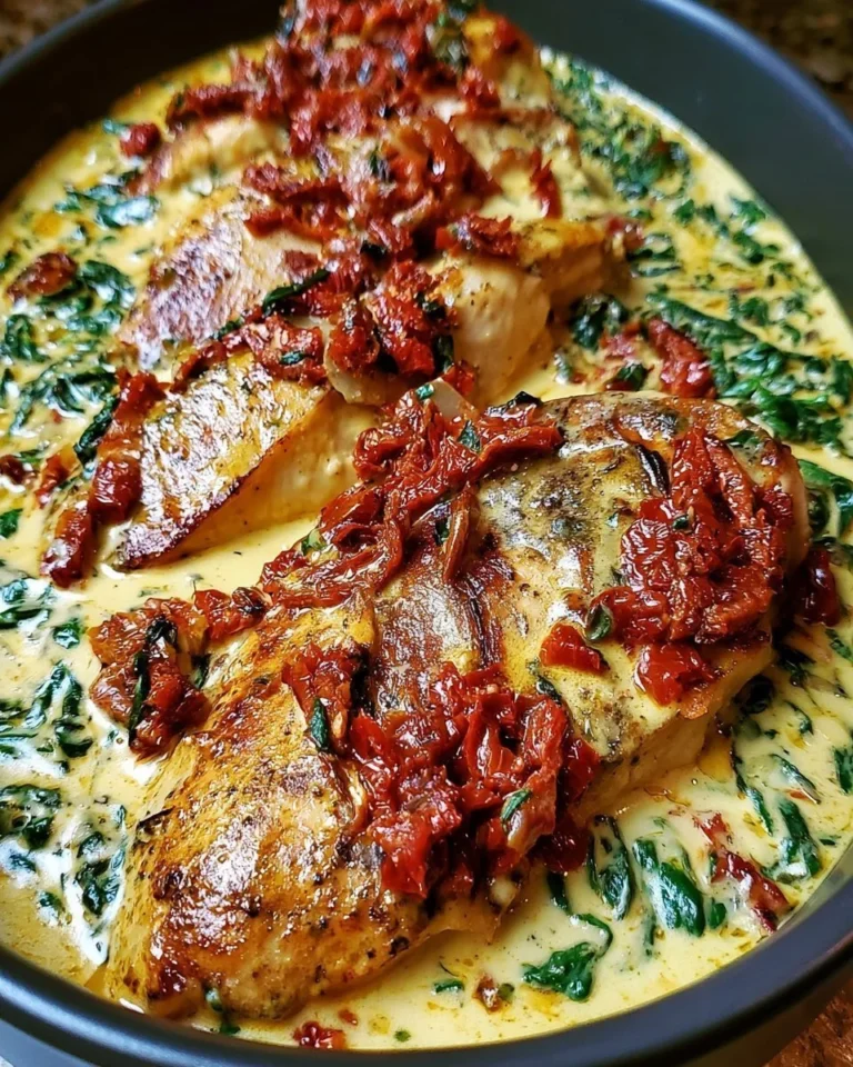 Creamy chicken pasta with sun-dried tomatoes and spinach in a delicious sauce