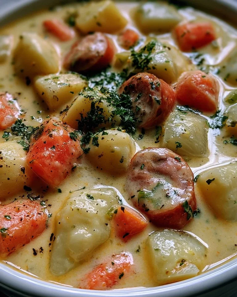 Creamy potato chowder with sausage served in a bowl, garnished with herbs.