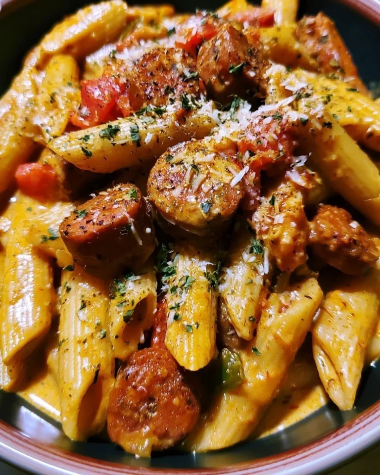 Delicious creamy spicy Cajun sausage pasta dish garnished with herbs.