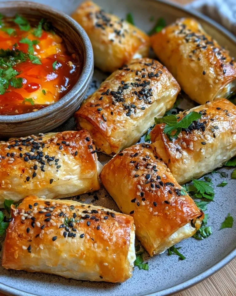 Delicious crispy feta rolls served on a plate, garnished for presentation.