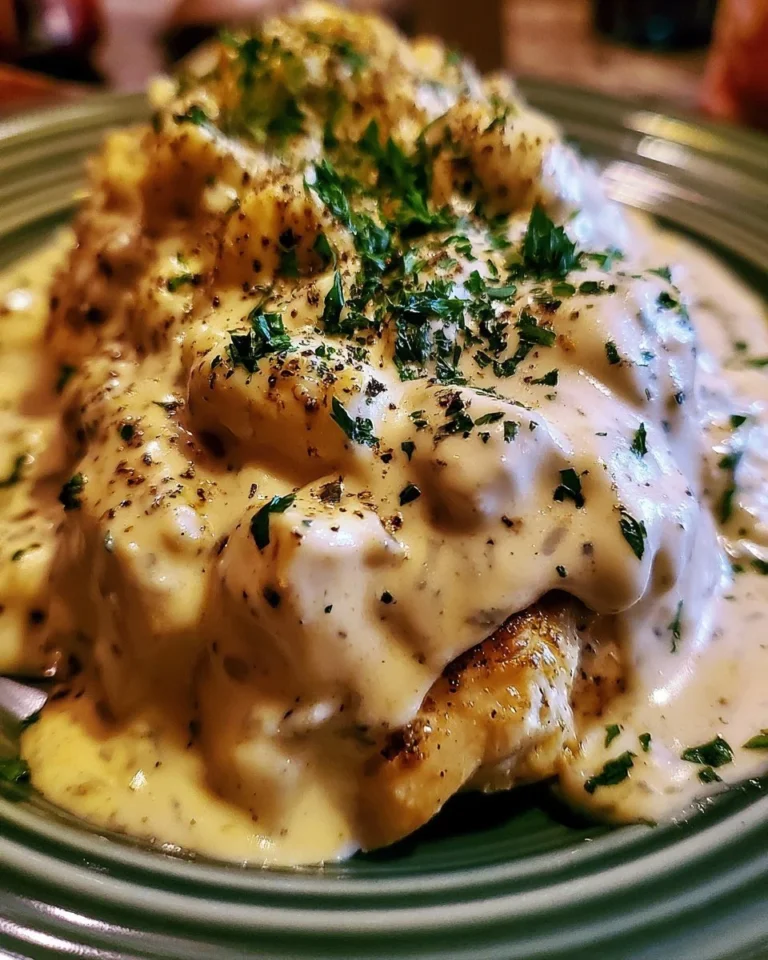 Crockpot Chicken with Creamy Gravy dish served in a white bowl