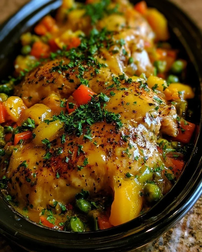 Delicious crockpot garlic butter chicken served with herbs and spices.