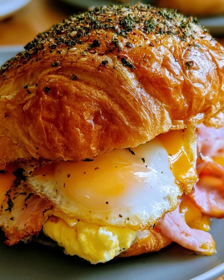 Delicious croissant breakfast sandwich with fresh ingredients and a flaky texture.