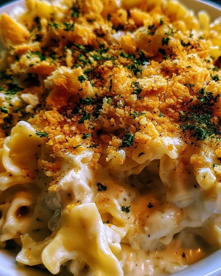 Dolly's creamy chicken noodle casserole served in a baking dish with fresh herbs.