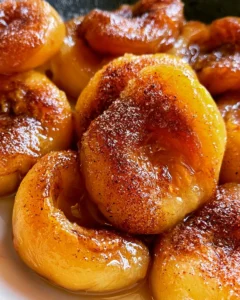 Delicious easy pan fried peaches topped with sugar and cinnamon
