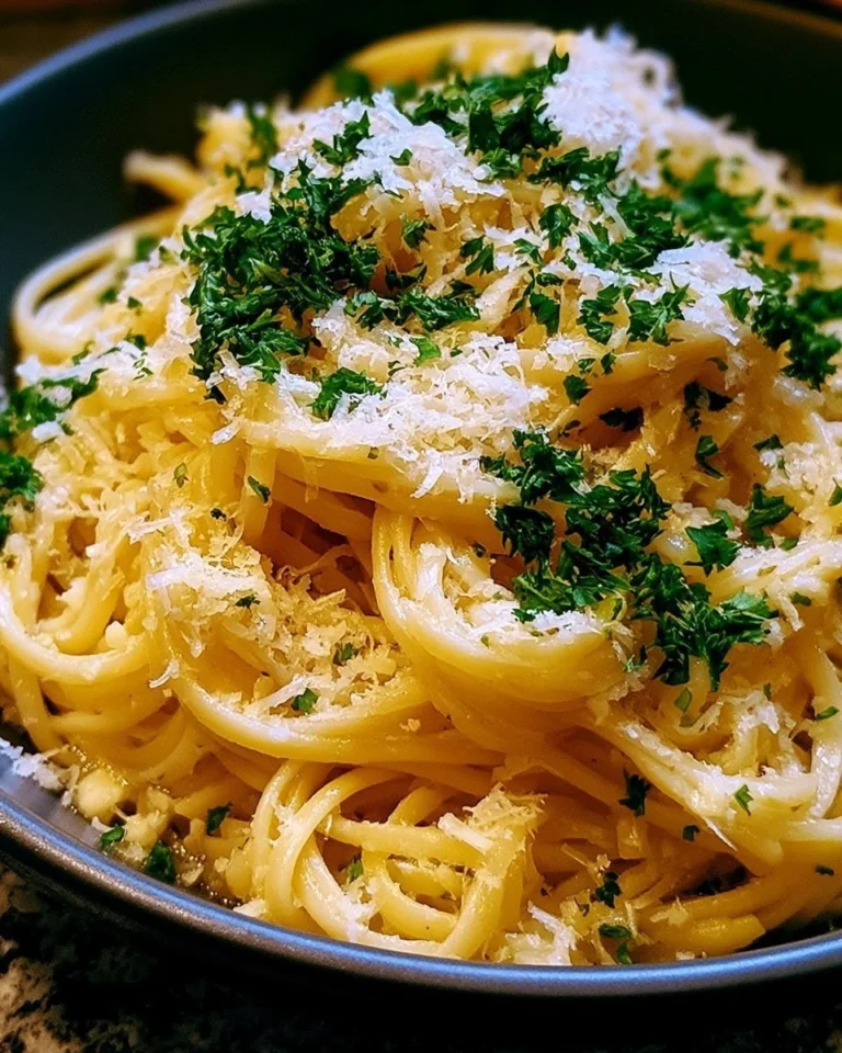 Delicious plate of Garlic Parmesan Pasta garnished with parsley