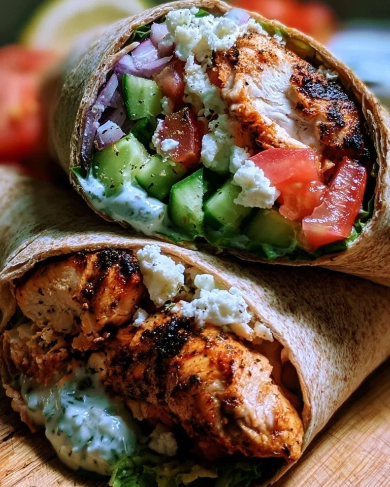 Savory Greek Chicken Wrap with fresh vegetables and tzatziki sauce
