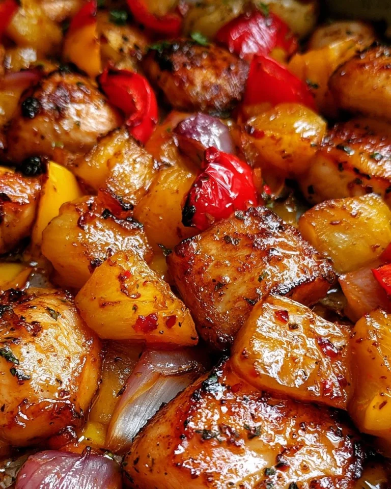 Colorful plate of Hawaiian chicken sheet pan with vegetables