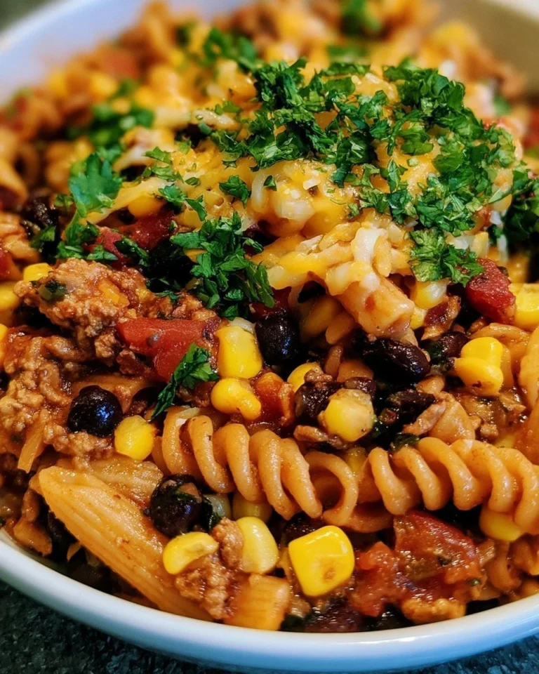 High protein taco pasta dish served in a bowl with toppings