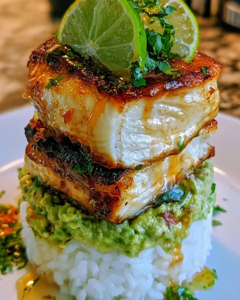 Honey Lime Chicken with Avocado Rice Stack on a plate, ready to enjoy.