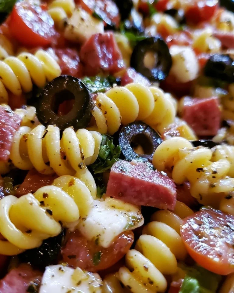 Colorful Italian pasta salad with fresh vegetables and dressing in a bowl.