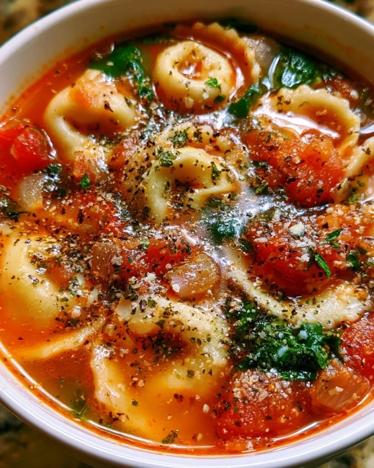 A bowl of Italian Tuscan ravioli soup garnished with herbs and cheese.