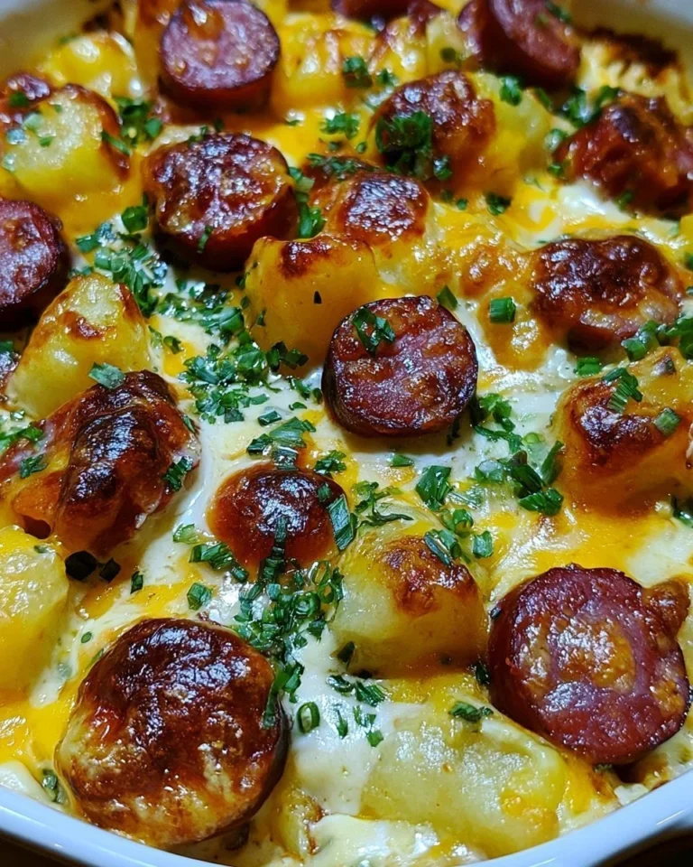 Delicious Kielbasa Sausage Cheesy Potato Casserole fresh out of the oven