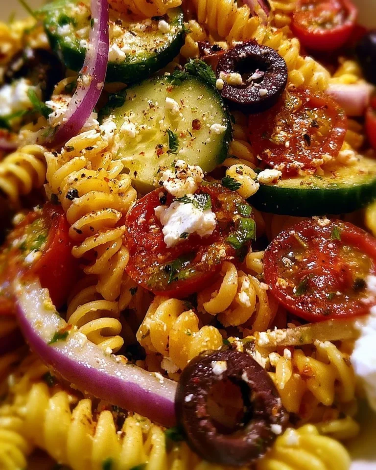 Colorful Mediterranean Pasta Salad with olives, tomatoes, and herbs
