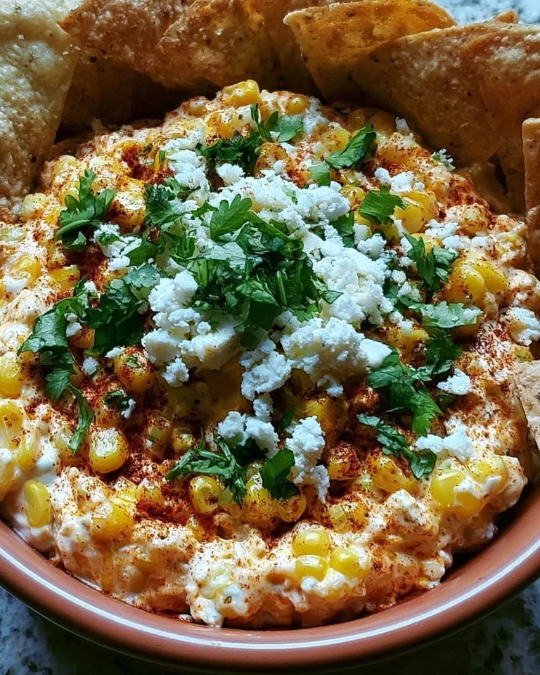 Delicious Mexican street corn dip served in a bowl with fresh toppings