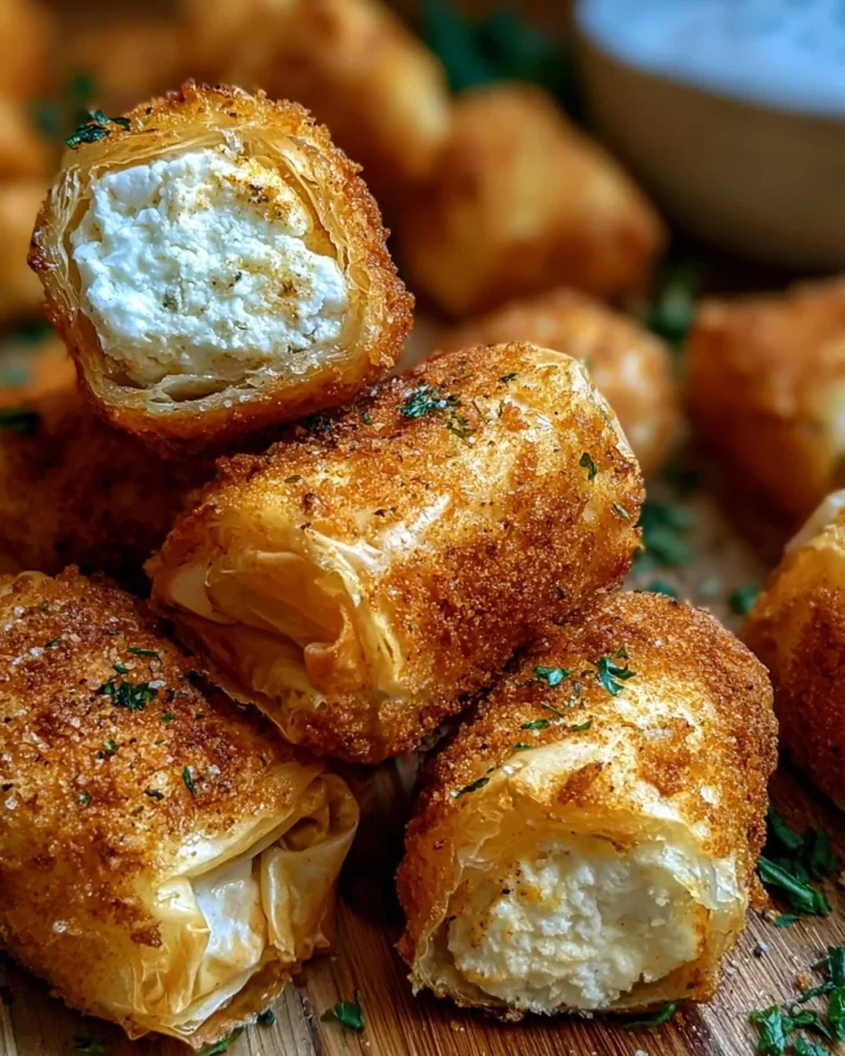 Oven-fried feta rolls served with dipping sauce on a platter.