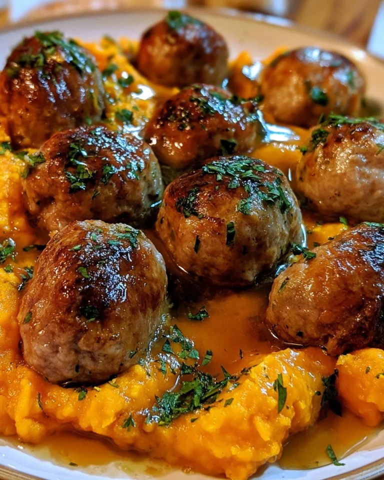 Pork meatballs served with sweet potato mash and bourbon-maple sauce