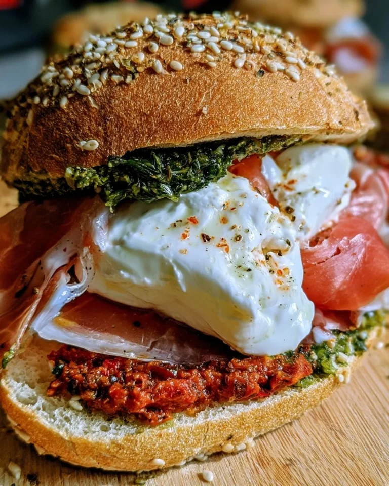 Delicious Prosciutto and Stracciatella Sandwich ready to be enjoyed.